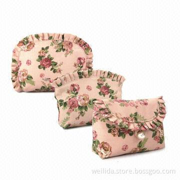 8oz Printed Cotton Canvas Cosmetic Bags with Frill Flap, Unique Pearl Button, 17 x 5.5 x 12cm Size
